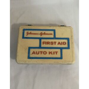 Vintage Johnson & Johnson First Aid Auto Kit Plastic Box With Guide & More